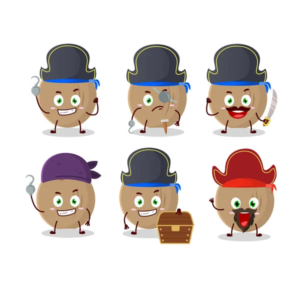 Personaje de dibujos animados de coco marrón con varios emoticonos piratas — Vector de stock