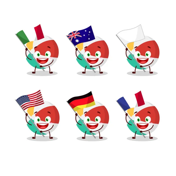 Personnage de dessin animé balle de plage apporter les drapeaux de divers pays — Image vectorielle