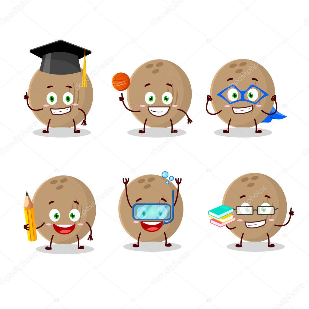 School student of brown coconut cartoon character with various expressions