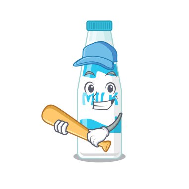 Çekici bir şişe süt karikatürü karakteri beyzbol oynuyor.