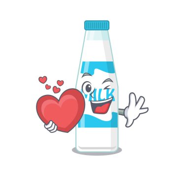 Tatlı bir süt şişesi, çizgi film karakteri tarzı, kocaman bir kalp.