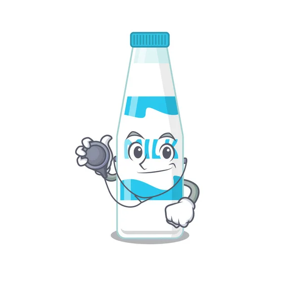 Smiley γιατρός κινουμένων σχεδίων χαρακτήρα του μπουκάλι γάλα με εργαλεία — Διανυσματικό Αρχείο