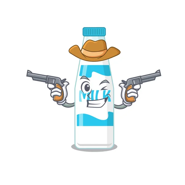 Personagem de desenho animado cowboy de garrafa de leite com armas — Vetor de Stock