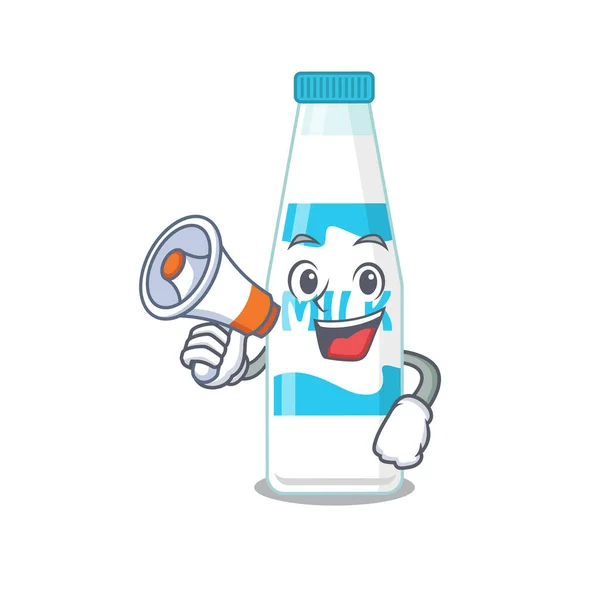 Diseño de la mascota de la botella de leche anunciando nuevos productos en un megáfono — Archivo Imágenes Vectoriales