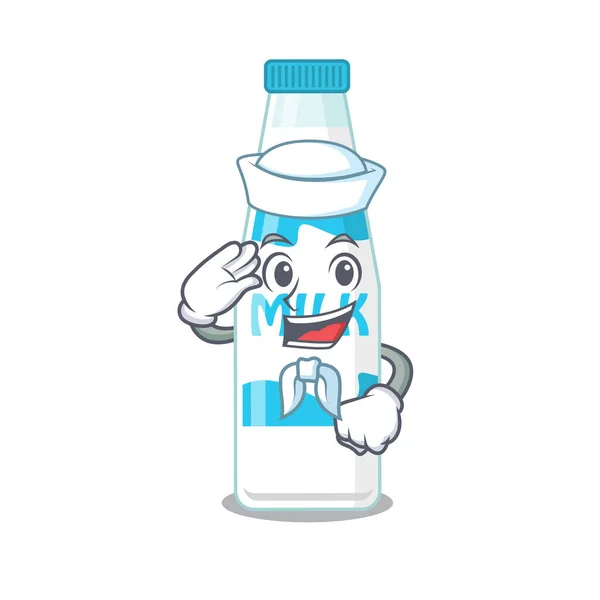 Smiley marinheiro personagem cartoon de garrafa de leite usando chapéu branco e gravata — Vetor de Stock