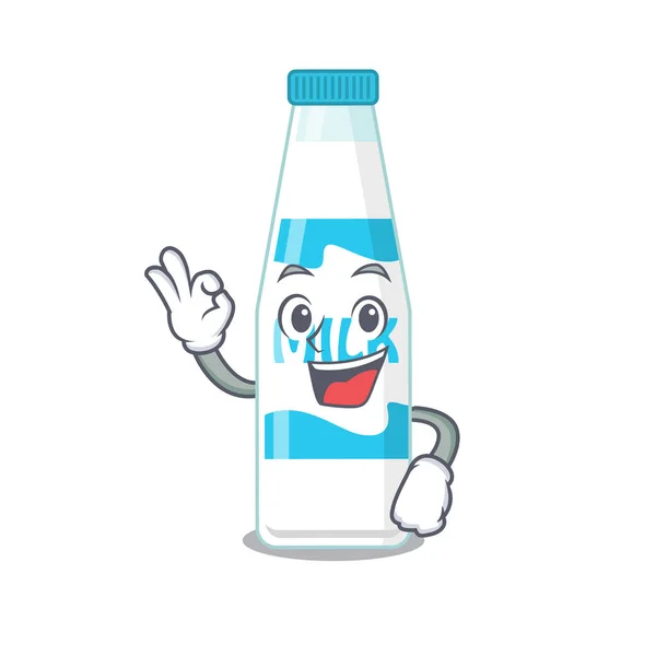 Μπουκάλι της μασκότ του γάλακτος στυλ σχεδιασμού δείχνει Εντάξει χειρονομία δάχτυλο — Διανυσματικό Αρχείο