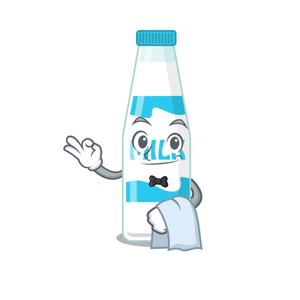 Una imagen de dibujos animados de la botella de leche camarero con una servilleta blanca — Archivo Imágenes Vectoriales