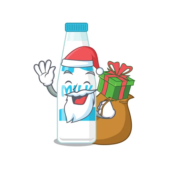 Conception de bande dessinée de bouteille de lait Père Noël ayant cadeau de Noël — Image vectorielle