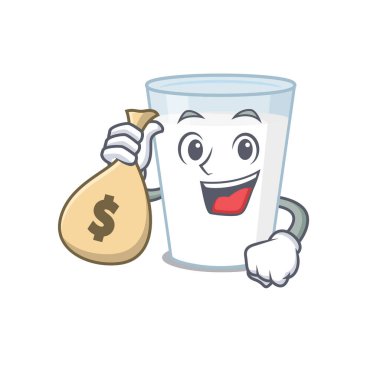 Çılgın zengin süt maskotu tasarımı para çantaları var.