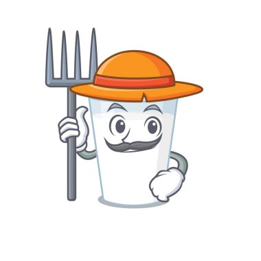 Süt maskotu tasarımı şapka takan bir çiftçi olarak çalışıyor.