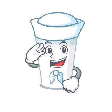 Gülen denizci çizgi film karakteri beyaz şapka ve kravat takan bir bardak süt karakteri.