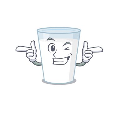 Bir bardak sütün çizgi film dizaynı. Göz kırpan komik yüzünü gösteriyor.