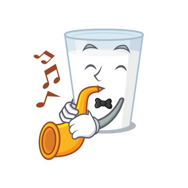Bir bardak süt müzisyeni karikatür tasarımında trompet çalıyor.