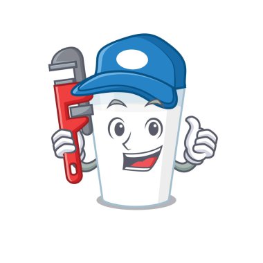 çizgi film karakteri tasarımı. Süt bardağı, aletli bir tesisatçı gibi.