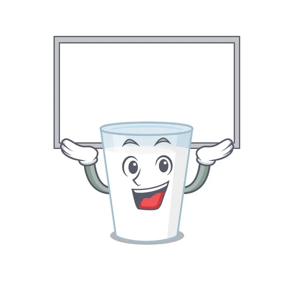 Karikaturní charakter sklenice mléka uspět zvednout desku — Stockový vektor
