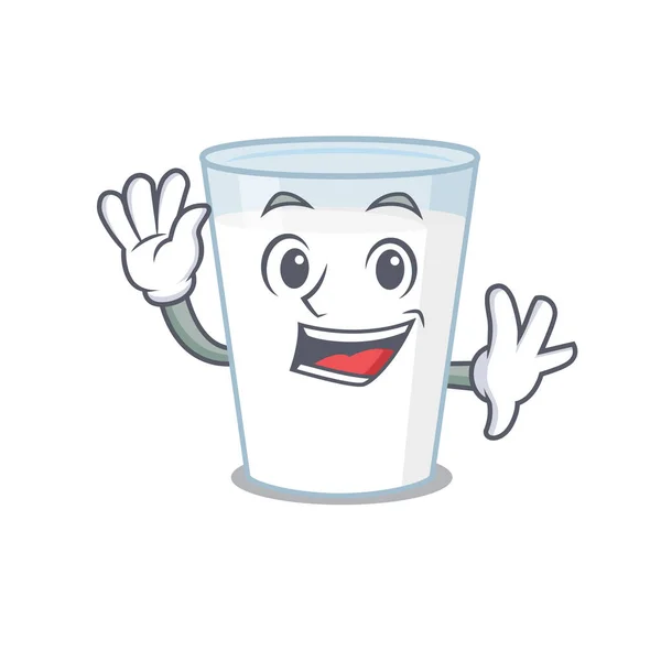 Un encantador vaso de leche mascota diseño estilo sonriendo y saludando de la mano — Archivo Imágenes Vectoriales