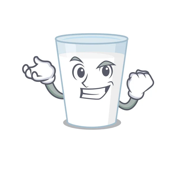 Un divertido concepto de diseño de dibujos animados de vaso de leche con cara feliz — Vector de stock
