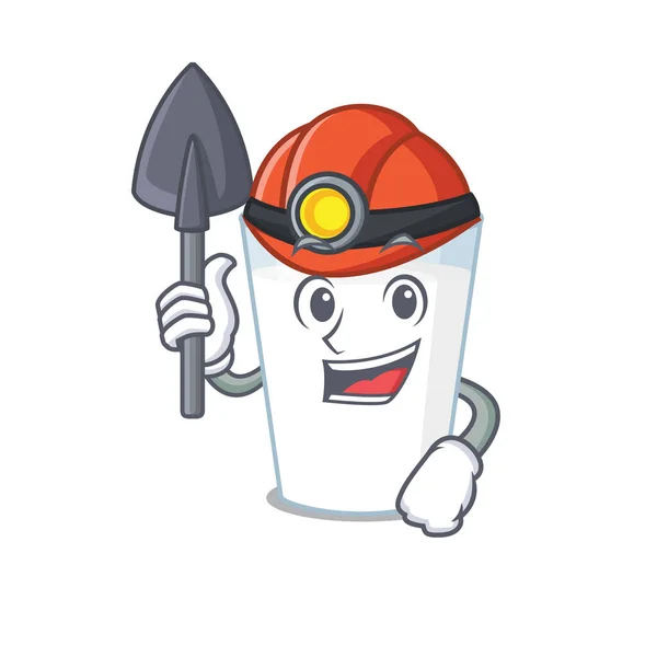 A cartoon picture of glass of milk miner with tool and helmet — Stock Vector