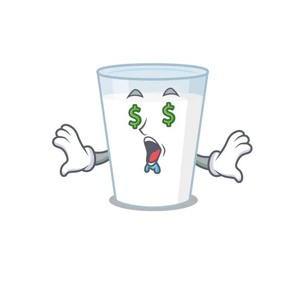 Rico personaje de dibujos animados concepto de vaso de leche con ojos de dinero — Vector de stock