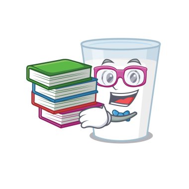 Süt maskotu tasarımı konsepti içinde çalışkan bir öğrenci birçok kitap okudu.