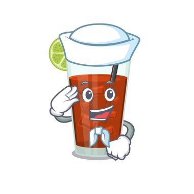 Gülen denizci çizgi film karakteri Küba libre kokteyli beyaz şapka ve kravat takıyor.