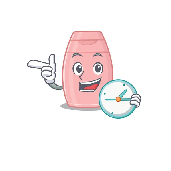 Estilo de diseño de la mascota de la crema de bebé de pie con la celebración de un reloj — Vector de stock