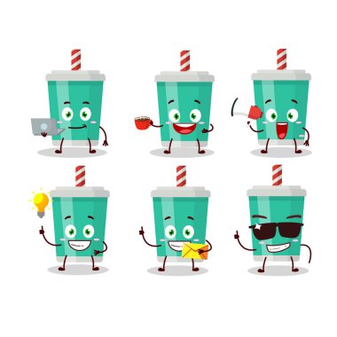 Soda şişesi çizgi film karakteri ve çeşitli iş simgeleri.