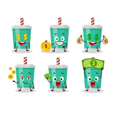 Soda şişesi çizgi film karakteri, şirin ifadeli, para getiriyor.