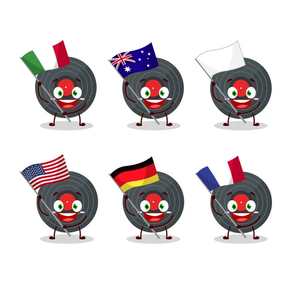 Vynil record personnage de bande dessinée apporter les drapeaux de divers pays — Image vectorielle