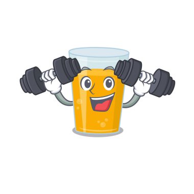 Bir bardak portakal suyu maskotu tasarımı egzersiz sırasında halterleri kaldırmaktan mutluluk duyar. Vektör illüstrasyonu