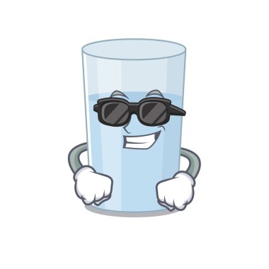 Şık siyah gözlük takan bir bardak suyun çizgi film karakteri. Vektör illüstrasyonu