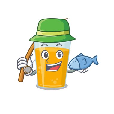 Çizgi film tasarım tarzı portakal suyu balıkçılığa gider. Vektör illüstrasyonu