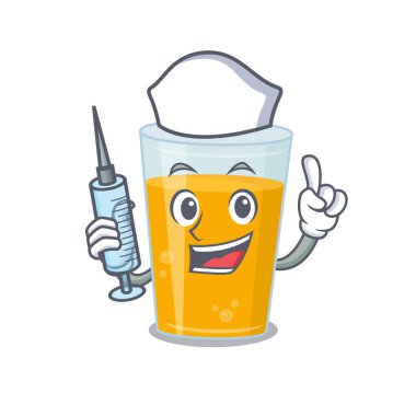 Bir bardak portakal suyu ve şırıngalı mütevazı hemşire maskotu tasarımı. Vektör illüstrasyonu