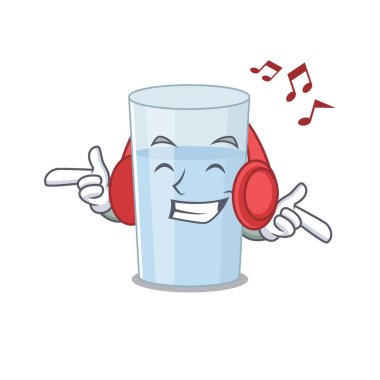 Bir bardak su çizgi film tasarımı konsepti kulaklıkla müzik dinliyor. Vektör illüstrasyonu