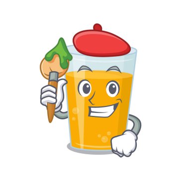 Portakal suyu sanatçısı maskotunun fırça kullanarak boyadığı sanatsal bir cam. Vektör illüstrasyonu