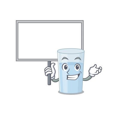 Su maskotu tasarım tarzının karikatür resmi bir tahta taşıyor. Vektör illüstrasyonu