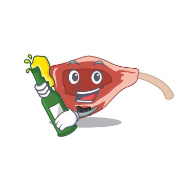 karikatür tasarımı kuzu pirzola konsepti bira şişesiyle şerefe. Vektör illüstrasyonu