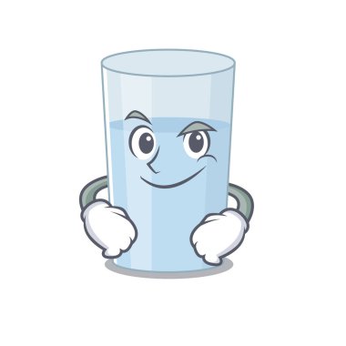 Kendine güveni olan bir bardak suyun şirin, küstah karikatür tasarımı. Vektör illüstrasyonu