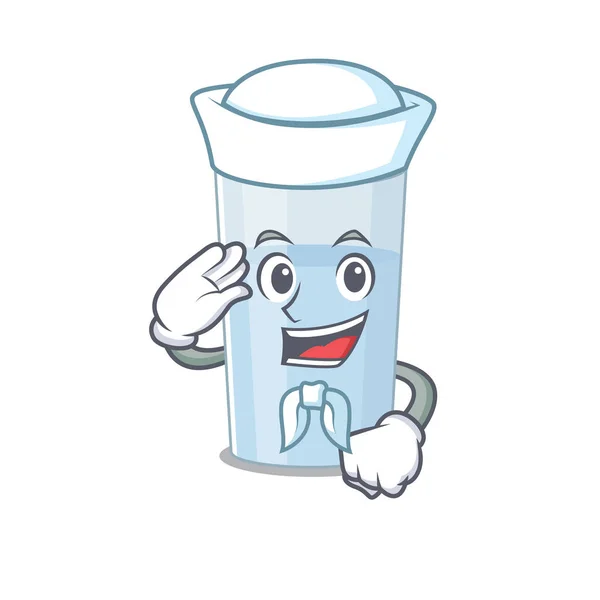 Smiley Sailor Cartoon Character Glass Water Wearing White Hat Tie — Stock Vector