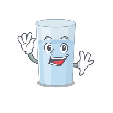 Büyüleyici bir bardak su maskotu tasarımı gülümseme ve el sallama. Vektör illüstrasyonu