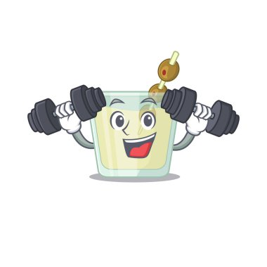 Martini kokteyli maskot tasarımı egzersiz sırasında halterleri kaldırmaktan mutluluk duyar.