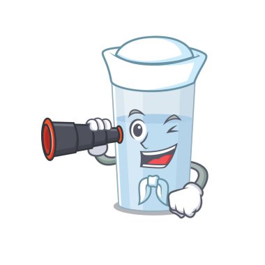 Dürbün kullanan bir bardak su denizcisinin karikatür resmi. Vektör illüstrasyonu