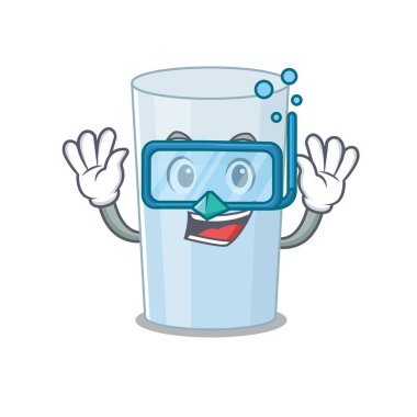 Bir bardak su maskotu dalış gözlüğü ile yüzer. Vektör illüstrasyonu