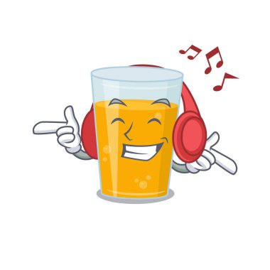Bir bardak portakal suyu tasarımı konsepti kulaklıkla müzik dinliyor. Vektör illüstrasyonu