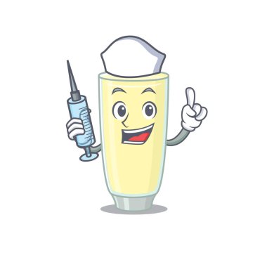 Çığlık atan orgazm kokteyli. Mütevazı hemşire maskot tasarımı. Şırıngalı.