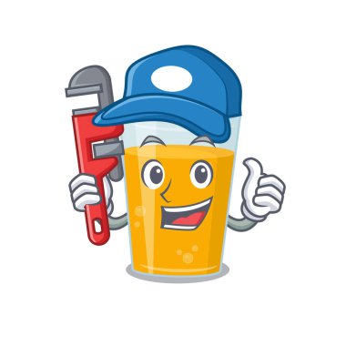 Bir bardak portakal suyunu, aletli bir tesisatçı olarak tasarlayan çizgi film karakteri. Vektör illüstrasyonu