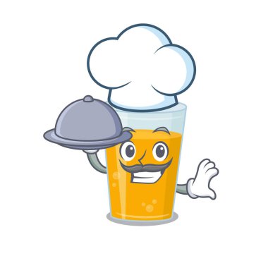 Tepside yemek servisi yapan portakal suyu şefinin maskot tasarımı. Vektör illüstrasyonu