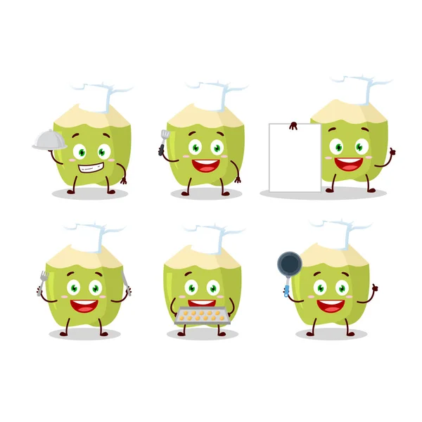 Kreskówkowy charakter zielony kokos z różnych emotikony szefa kuchni — Wektor stockowy