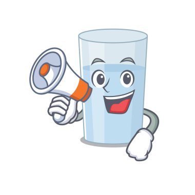 Bir megafonda yeni ürünler duyuran bir bardak suyun maskot tasarımı. Vektör illüstrasyonu