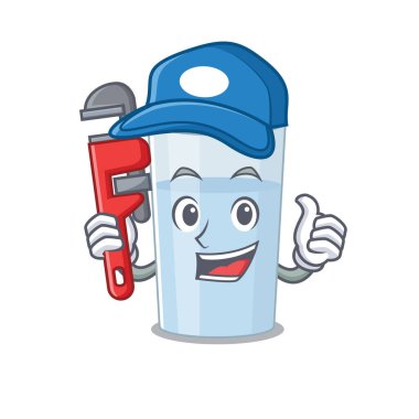 Çizgi film karakteri, bir bardak suyun aletli bir muslukçu olarak dizayn edilmesi. Vektör illüstrasyonu